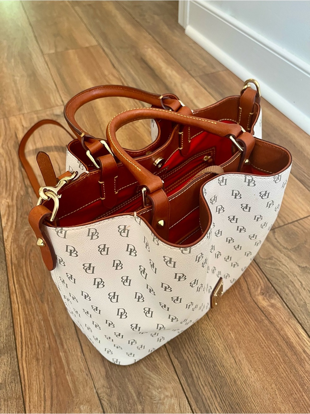Dooney & Bourke Cream Monogram Tote with Tan Leather Trim and Gold Hardware